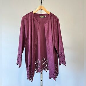 Bob Mackie Faux Suede Jacket with Cut Out Detail (Laser-cut details) COLOR:Wine